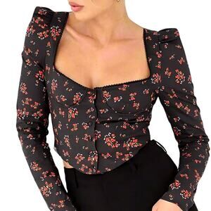 Rumored Black Floral Long Sleeve Bustier Crop Top Small Antoinette Spanish Poppy